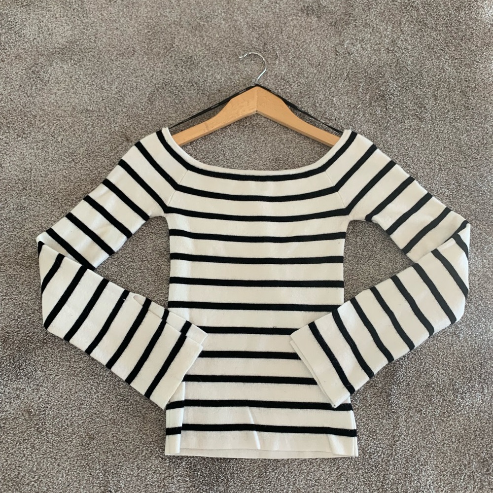 Striped Off The Shoulder Sweater w/ Bell Sleeves